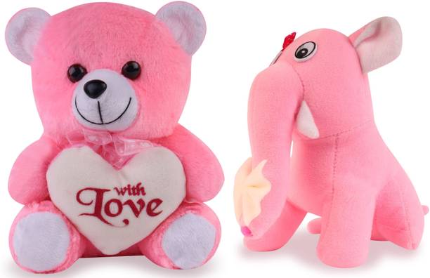 A.K. Soft Toys Pink Teddy And Pink Elephant Tennie Size Good Looking Stuffed Toys  - 20 cm