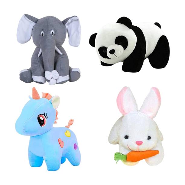 Toyhaven pack of sitting elephant, unicorn , rabbit and panda  - 25 cm
