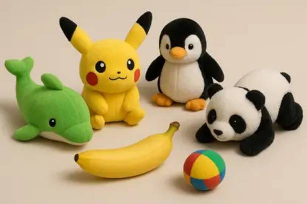 Growgame Set of 6 Soft Plush Toys – Dolphin,Pikachu,Penguin,Panda, banana & Colorful Ball  - 15 cm