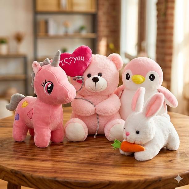 Muzito Soft Toys (Unicorn Penguin Rabbet LoveTeddy) Combo Pack of 4 Big Size  - 25 cm