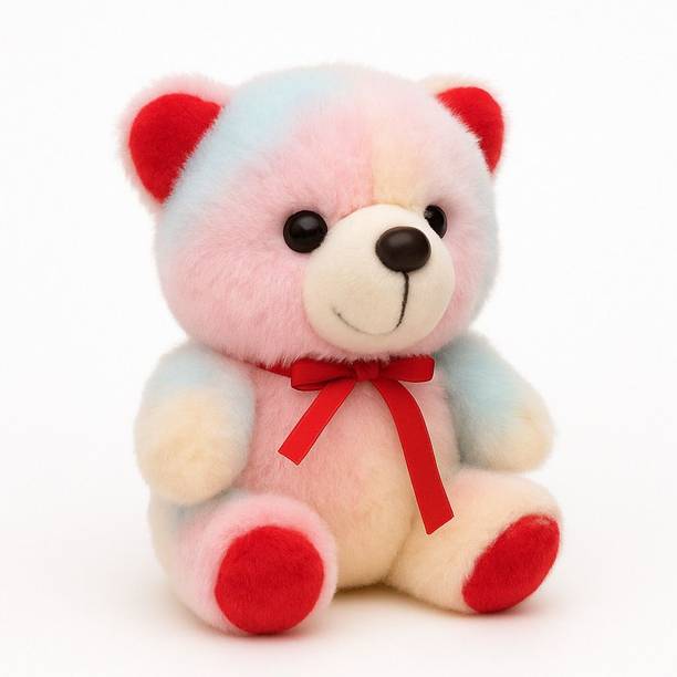 BlingNBeats Soft Teddy Bear Pack of 1 – Multicolor Plush Toys with Red Ribbon  - 6 inch