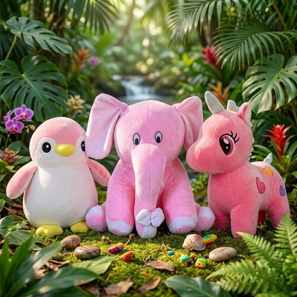 Muzito Cute Soft Toys Combo Penguin, Elephant & Pink Unicorn Toys for Kids Pack of 3)  - 19 cm