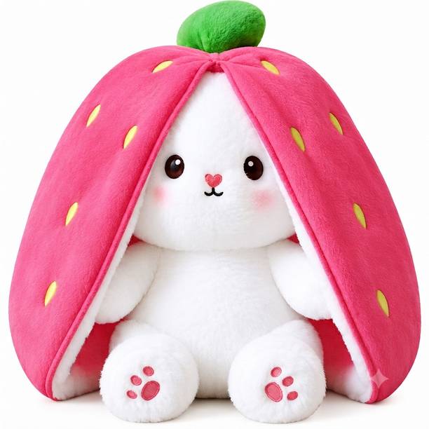 BUNNY BOX Bunny Soft Toy for Girls, Cute Strawberry Rabbit Plush Stuffed Toy, Kids Gift  - 35 cm