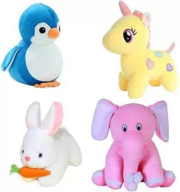 MPR ENTERPRISES Combo Stuffed Toys Penguin, Rebbit, Unicorn, Elephant  - 28 cm