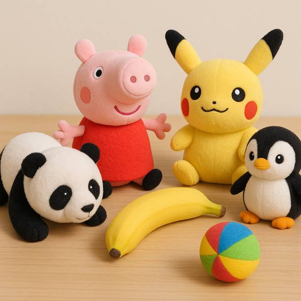 Growgame Set of 6 Soft Toys – Peppa Pig,Pikachu,Panda,Penguin,Banana & Colorful Ball  - 15 cm
