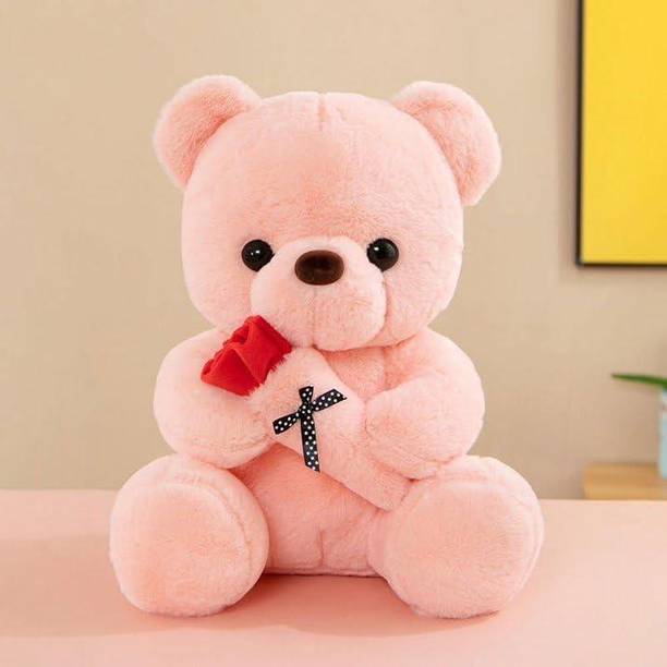 AVS Cute Soft Lovable Teddy Bear with Rose Plush Stuffed Animal for Birthday Gift  - 10 cm