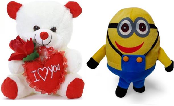 Nihan Enterprises Best Quality Soft White Heart Teddy and Soft Minion Toy Someone special  - 25 cm