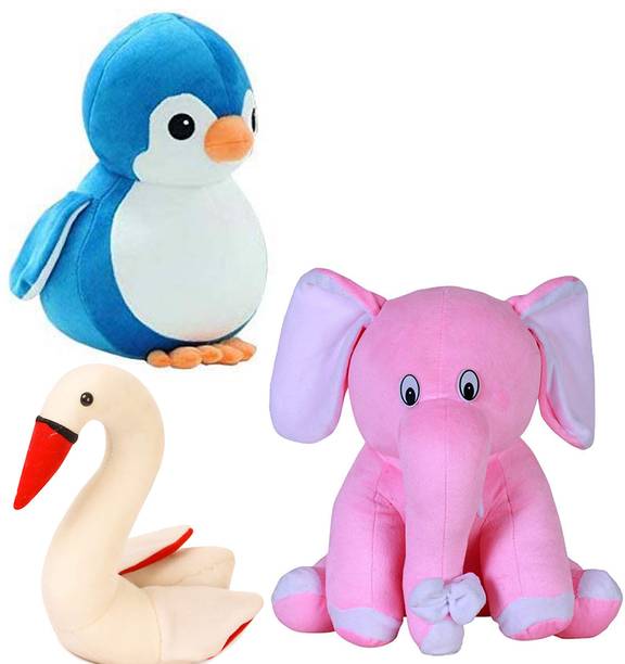 TITLEE Combo Pack of 3 stuffed Toys / Penguin, Pink Elephant and Beautiful Swan  - 28 cm