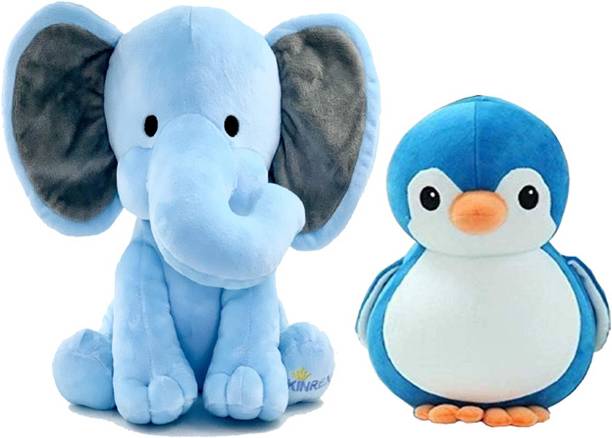 HELLOBEAR Highy Quality Elephant Sitting With Cute Blue Penguine Plush Soft Toy For Kids  - 30 cm