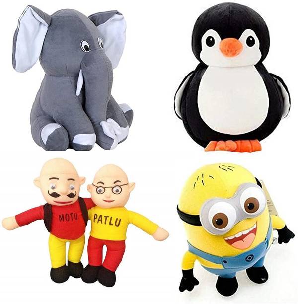 sai ji Stuffed Toy Combo for Kids- Elephant, Motu Patlu,Penguine and Minion  - 30 cm