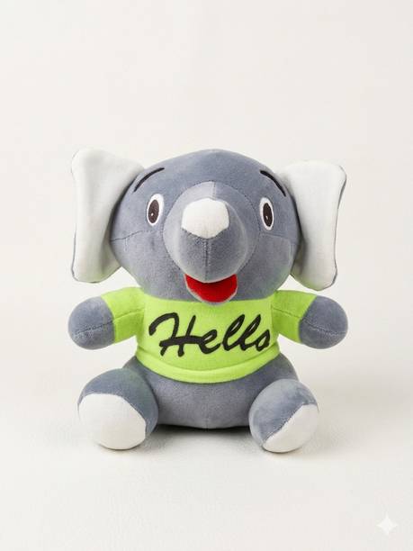 FluffyLand Premium Sitting Plush Elephant with Green Shirt  - 25 cm