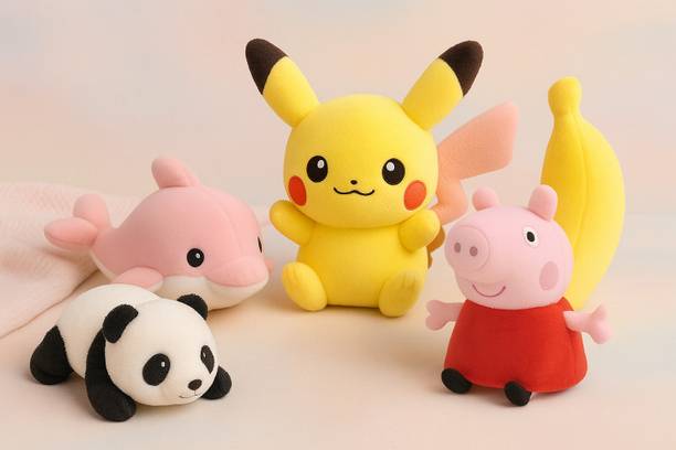 Growgame Soft Plush Toy Combo Set of 5 – Pikachu, Peppa Pig, Panda, Dolphin & Banana  - 15 cm