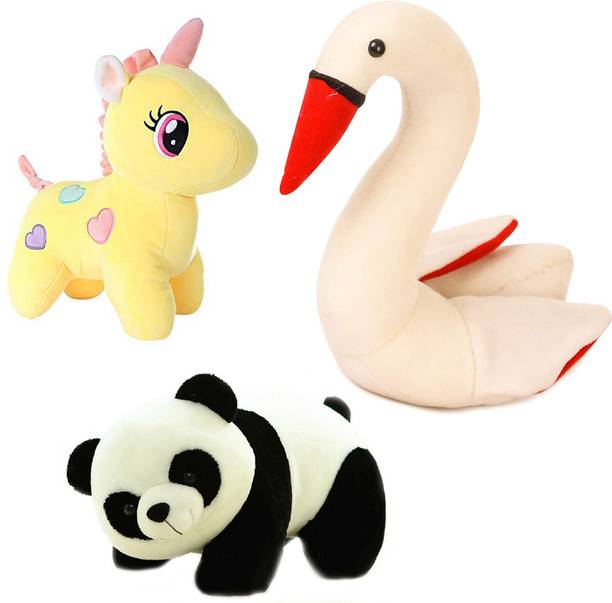 TITLEE Stuffed toys combo offer for kids of 3 toys / Pink Unicorn, Panda and Swan  - 28 cm