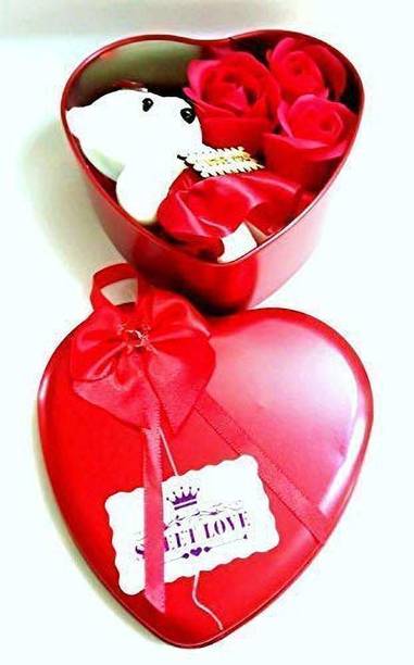 MAHI HOME DÉCOR MHD_Valentine Gift - 1 Cute Teddy with 3 Roses in Small Heart Shaped BoxB  - 4.5 inch