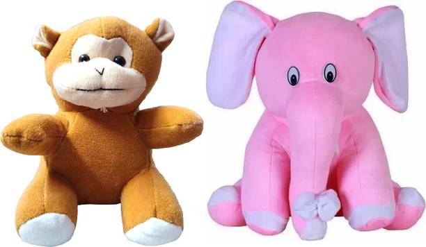 Gking Sitting Monkey With elephant Plush Soft Toy For Kids  - 28 cm