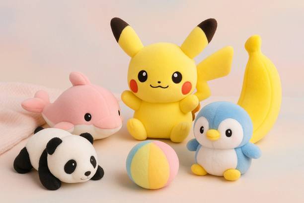 Growgame Soft Toy Combo Set – Pikachu, Panda, Dolphin, Penguin, Banana & Colorful Ball  - 15 cm