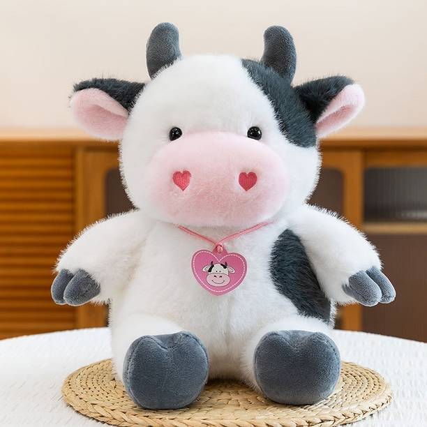 Daisy & Bubbles Cute Sitting Heart Bow Fur Cow  - 25 cm