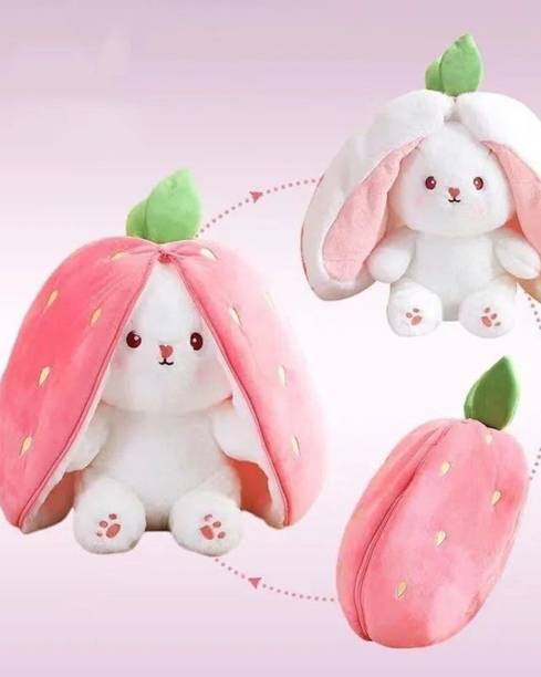 BUNNY BOX Cute Bunny Plush Toy for Girls,Strawberry Rabbit Soft Toy, Cuddly Gift for Kids  - 35 cm