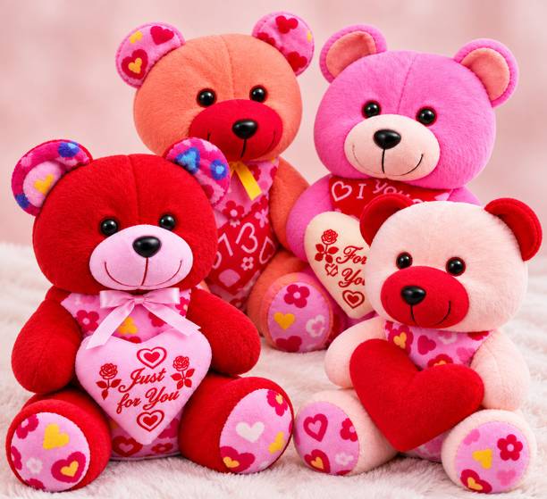 yashkp Soft Plush Teddy Bear Set of 4 | Cute Heart Design Valentine Gift Toys  - 7 cm