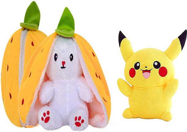 BestLook Reversible Yellow Bunny Plush Toys, Rabbit Soft Toys with Pikashu Soft Toy  - 30 cm