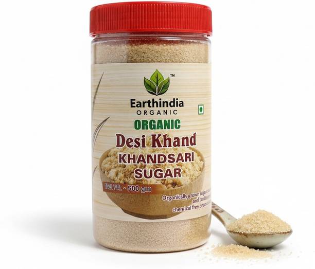 Earth India organic Desi Khandsari Sugar (Unrefined Brown Sugar) 500 g Jar Sugar