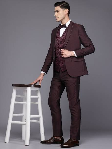 Men 3PC SB C&S SAWL CLR WID W/C - CONT FIT Solid, Floral Print Suit