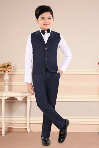 JOLEY POLEY 3 Piece Suit for Boys | Kids Wear Coat Pant Set Waistcoat, Pant, Shirt & Tie Solid Boys Suit