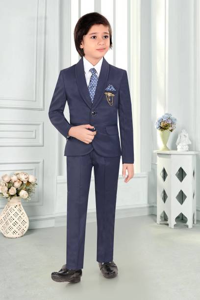 SEMINO KIDS PARTY WEAR COAT PANT SHIRT AND TIE SET Solid Boys Suit