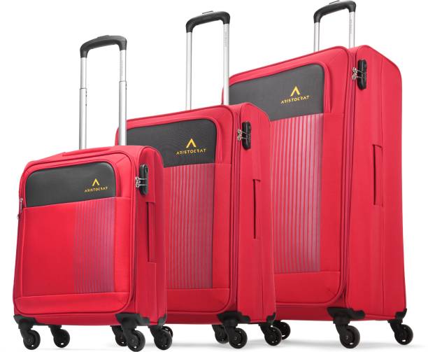 ARISTOCRAT Air Plus Polyester Softside, Pack of 3 (55+69+79cm) 4 Spinner Wheels Red Trolley Cabin & Check-in Set 4 Wheels - 31 Inch