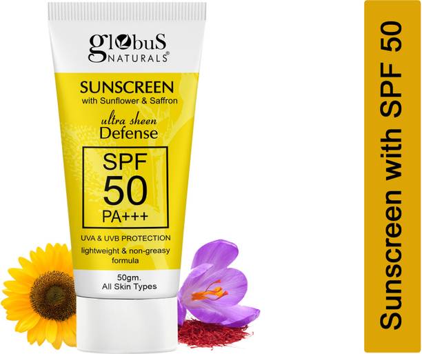 Globus Naturals Sunscreen - SPF 50 PA+++ Sunscreen with Ultra Sheen Defense, UVA & UVB Protection