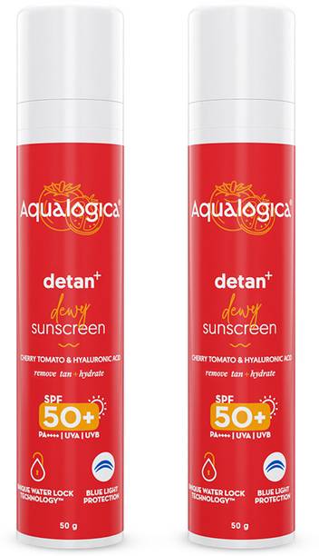 Aqualogica Sunscreen - SPF 50 PA++++ Detan+ Dewy Sunscreen with Cherry Tomato & Hyaluronic Acid (Pack of 2)