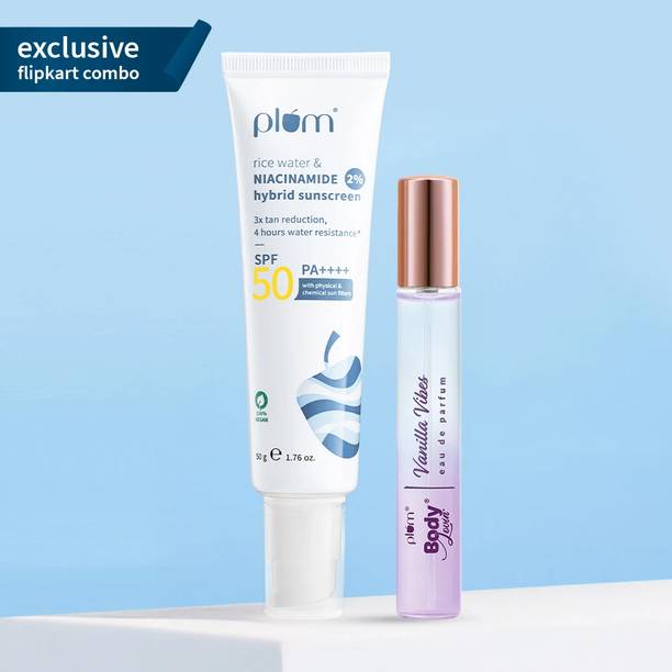 Plum Sunscreen - SPF 50 PA+++ Niacinamide Sunscreen 50g & Vanilla Vibes Refreshing Perfume 15ml Combo