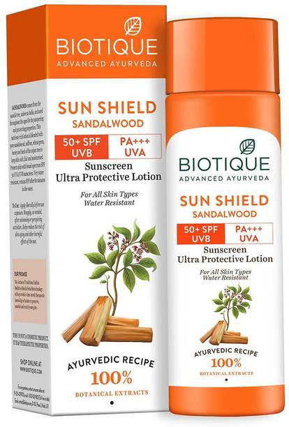 BIOTIQUE Sunscreen - SPF 50 PA+++ Sun Shield Sandalwood Lotion UVB/UVA |Ultra Protective Sunscreen|For men & Women