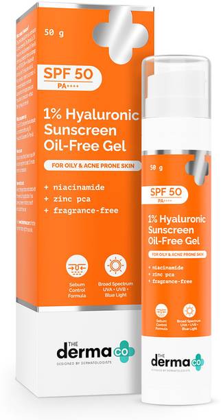 The Derma Co Sunscreen - SPF 50 PA++++ 1% Hyaluronic Sunscreen Oil-Free Gel | Lightweight, For Oily & Acne-Prone Skin