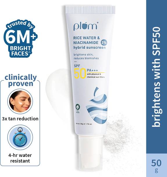 Plum Sunscreen - SPF 50 PA+++ 2% Niacinamide & Rice Water Sunscreen | Brightens, No White Cast | Dermat-Tested