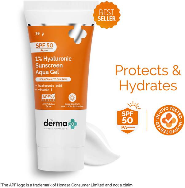 The Derma Co Sunscreen - SPF 50 PA++++ 1% Hyaluronic Aqua Gel- Lightweight, No white-cast for Broad Spectrum