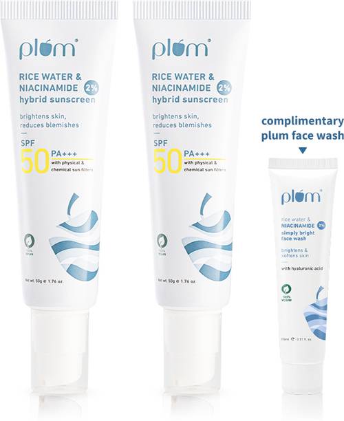 Plum Sunscreen - SPF 50 PA+++ 2% Niacinamide & Rice Water Sunscreen | No White Cast + Free Face Wash