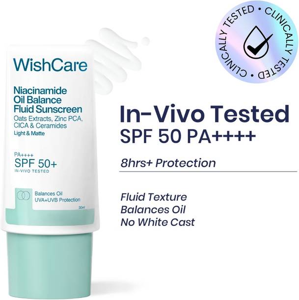 WishCare Sunscreen - SPF 50+ PA++++ Niacinamide Oil Balance Fluid Sunscreen for Men & Women - In Vivo Tested