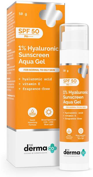 The Derma Co Sunscreen - SPF 50 PA++++ 1% Hyaluronic Sunscreen Aqua Ultra Light Gel with SPF 50 PA++++ For Broad Spectrum, UV A, UV B & Blue Light Protection