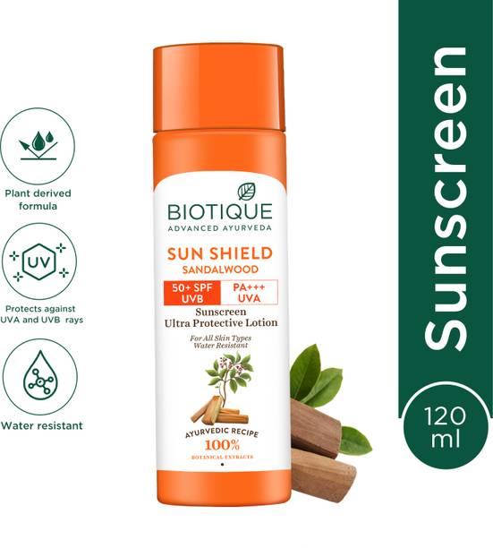 BIOTIQUE Sunscreen - SPF 50 PA+++ Sun Shield Sandalwood Lotion UVB/UVA |Ultra Protective Sunscreen|For men & Women