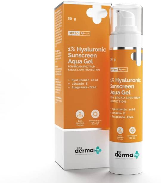 The Derma Co 1% Hyaluronic Sunscreen Aqua Ultra Light Gel with SPF 50 PA++++ For Broad Spectrum, UV A, UV B & Blue Light Protection - SPF 50 PA++++