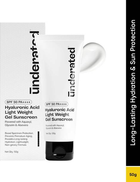 UNDERATED Sunscreen - SPF 50 PA++++ Hyaluronic Acid Lightweight Gel With Aquaxyl & Aloe Vera, Non-Greasy & Hydrating