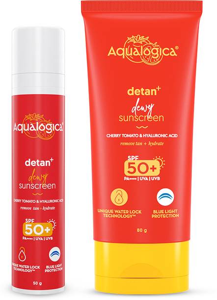 Aqualogica Sunscreen - SPF 50 PA++++ Detan+ Dewy Sunscreen with Cherry Tomato & Hyaluronic Acid- 50g + 80g
