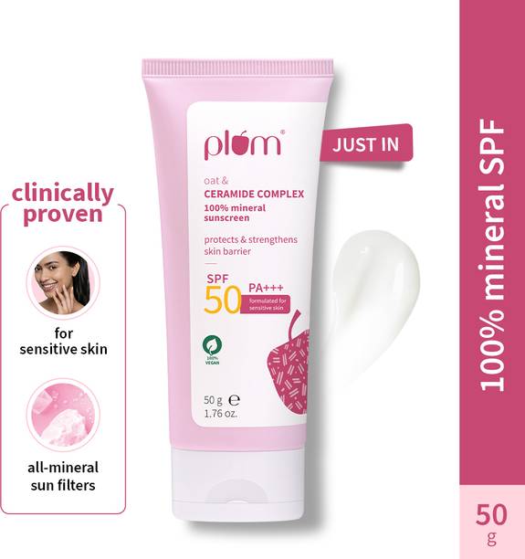 Plum Sunscreen - SPF 50 PA+++ Oat & Ceramide Complex 100% Mineral SPF 50 Sunscreen for Sensitive Skin