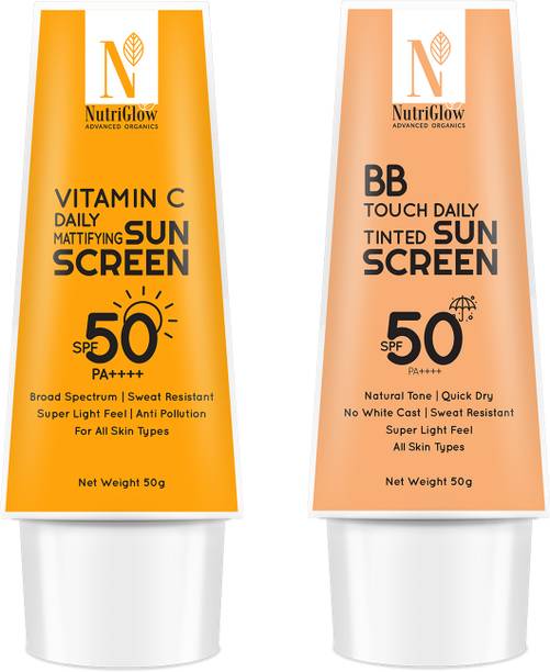 NutriGlow Sunscreen - SPF 50 PA++++ Combo Pack, Vitamin C Daily Mattifying + BB Touch Tinted Sunscreen (2 x 50g)