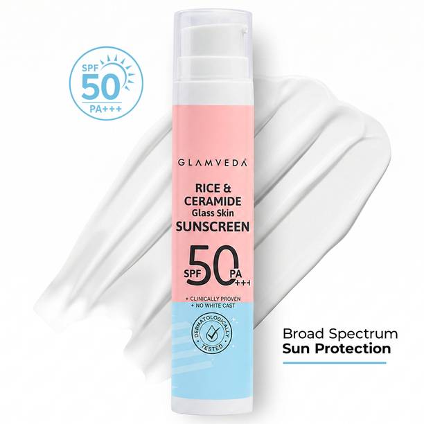 GLAMVEDA Sunscreen - SPF 50 PA+++ Rice & Ceramide Korean Glass Skin Dewy Sunscreen SPF 50, No White Cast ,Dry Skin