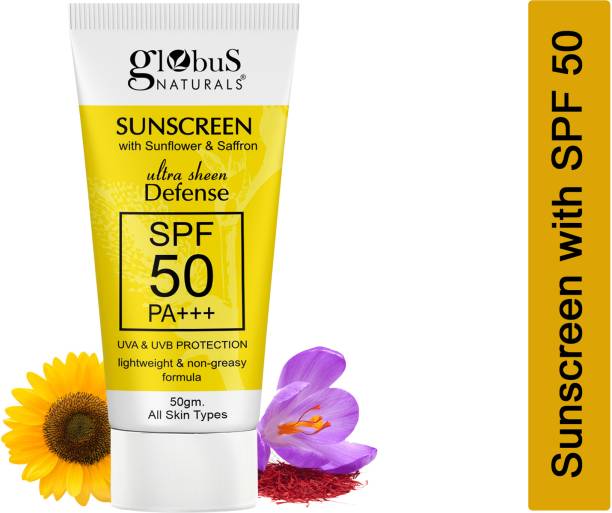 Globus Naturals Sunscreen - SPF 50 PA+++ Sunscreen with Ultra Sheen Defense, UVA & UVB Protection
