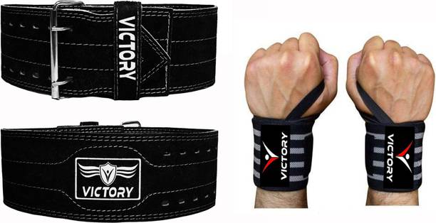 VICTORY Genuine Leather Power Lifting Gym Belt with Wrist Support Back / Lumbar Support
