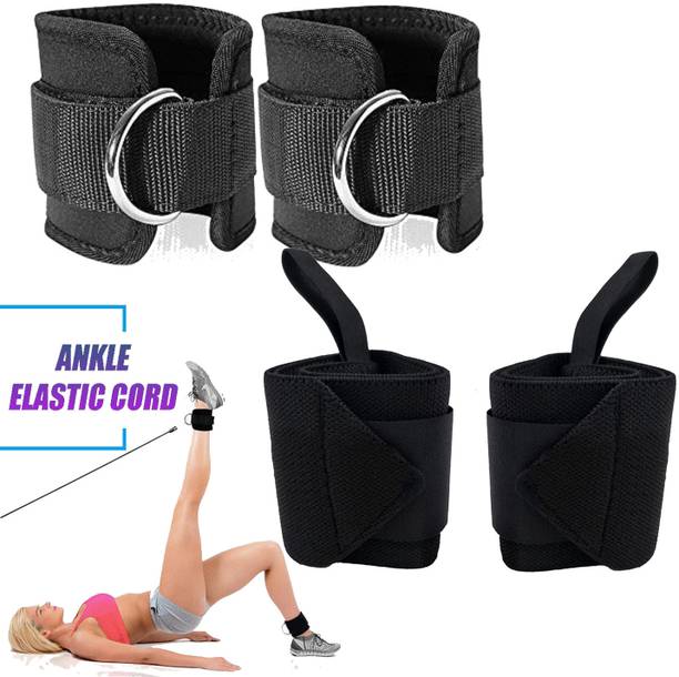 GymWar Combo of D-Ring Ankle Strap & Wrist Support for Gym Workout Ankle Support