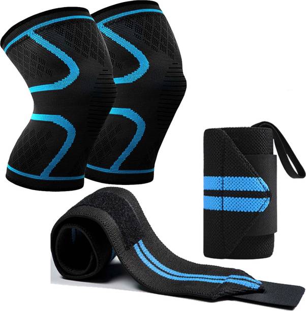 GymWar Combo Set of knee Braces Pair for Sports and Wrist Support for Fitness Knee Support